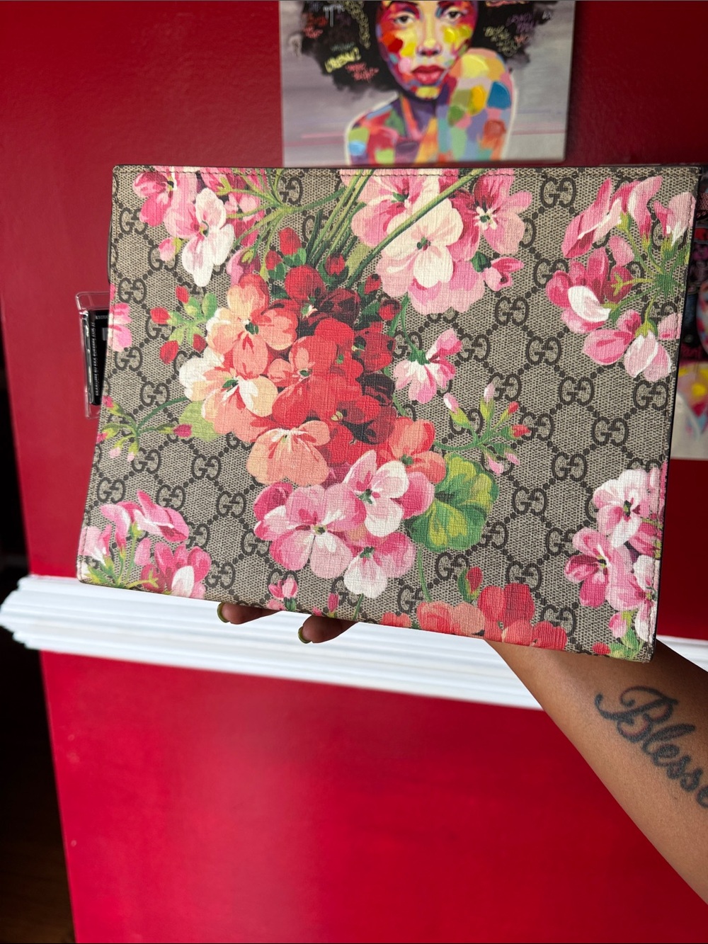 Gucci Floral Monogram Canvas Pouch in Pink and Green
